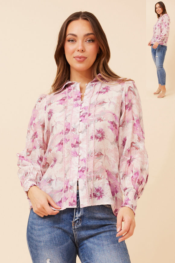 CKM Floral Print Blouse w Trim Detail Pink