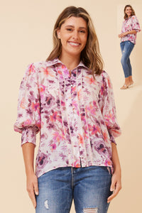 CKM Lace Trim Blouse w Balloon Sleeve Pink