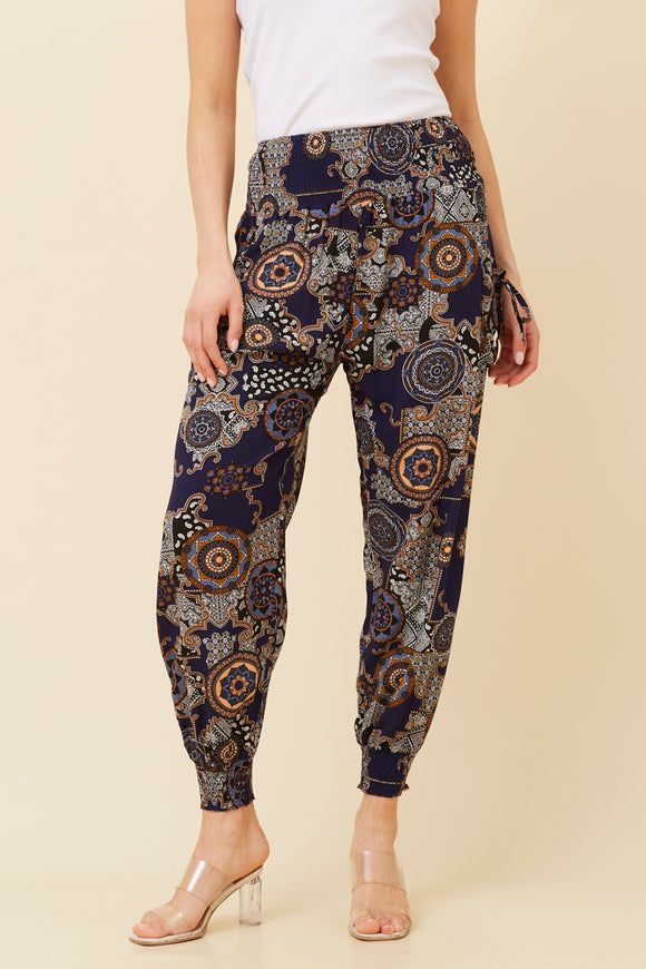 CKM Abstract Print Boho Harem Pants Multi Navy