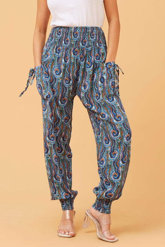 CKM Abstract Print Swirl Boho Harem Pants Multi Navy