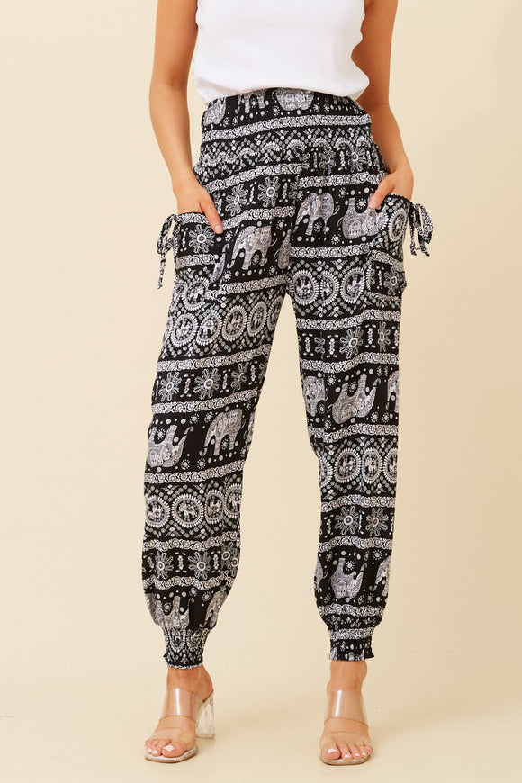 CKM Animal Print Boho Harem Pants Black