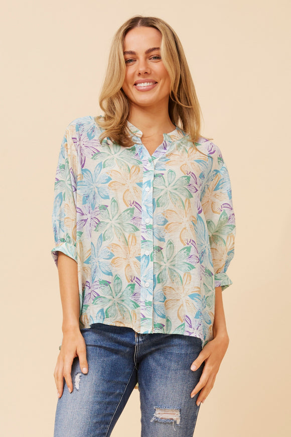 CKM Belina Printed Shirt w Back Button Detail Multi Blue