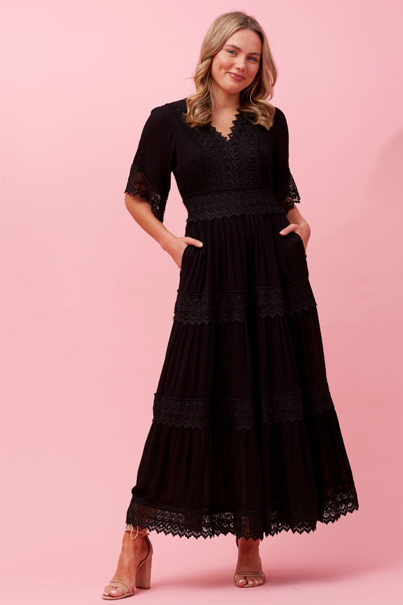 CKM Byron Lace Trim Wmns Maxi Dress Black