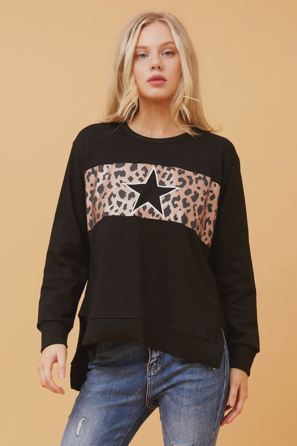 CKM Star Animal Print Panel Sweater Black