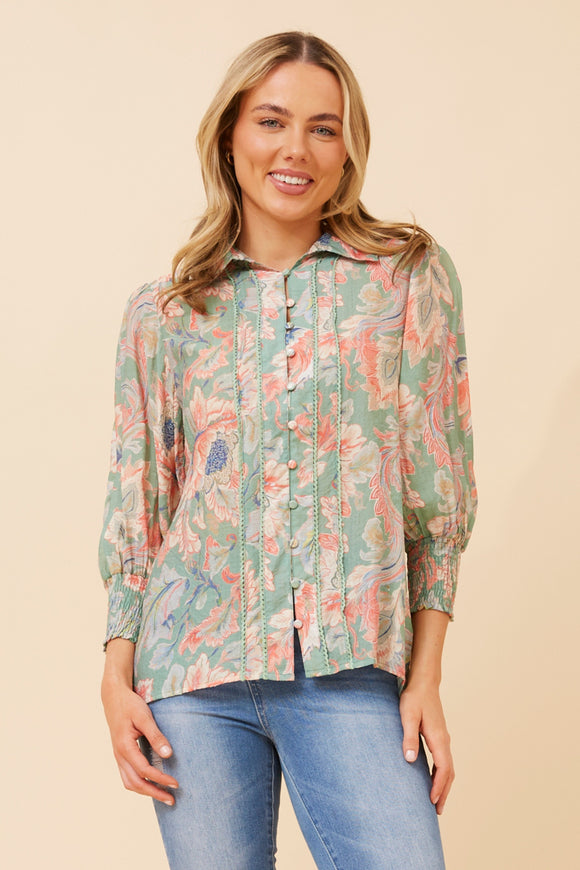 CKM Floral Print Blouse w Lace Trim Detail Avocado