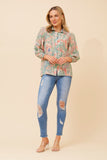 CKM Floral Print Blouse w Lace Trim Detail Avocado