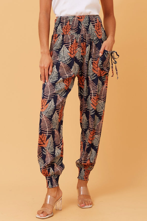 CKM Leaf Print Boho Harem Pants Navy