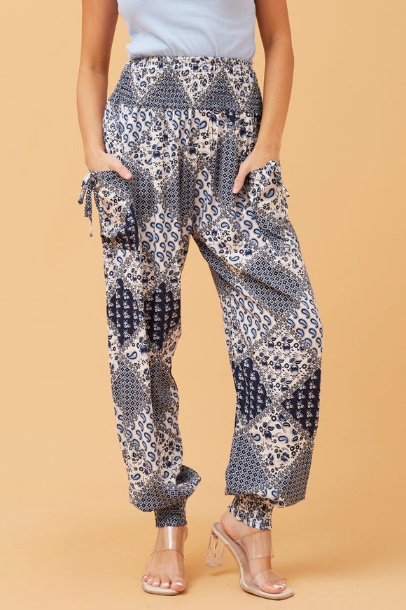 CKM Patchwork Print Boho Harem Pants Blue