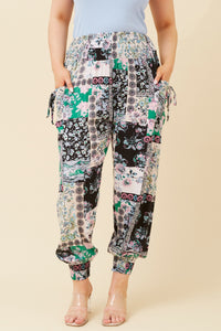 CKM Patchwork Print Boho Harem Pants Multi White