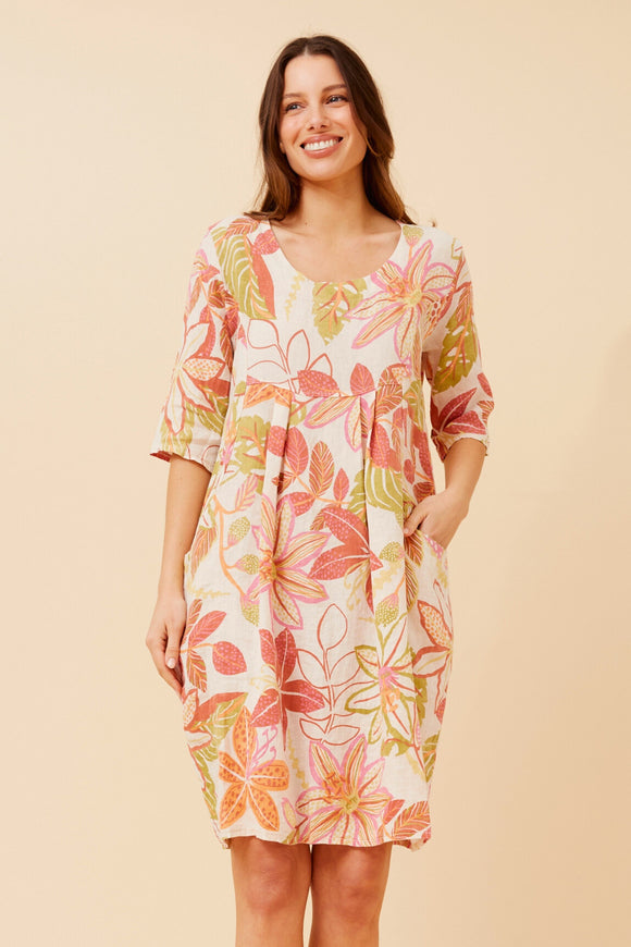 CKM Bottega Moda Floral Print Linen Dress Rust