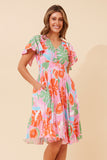 CKM Ruffle Sleeve Button Front Dress Pink