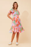 CKM Ruffle Sleeve Button Front Dress Pink