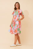 CKM Ruffle Sleeve Button Front Dress Pink