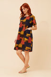 CKM Short Sleeve Abstract Print Dress w Pockets Navy
