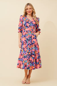 CKM Zala Botanical Print Midi Dress Navy