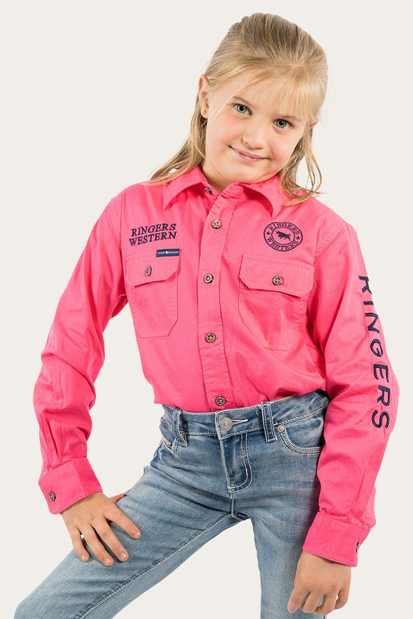 Ringers Western Jackaroo Kids Full Button Embroidered Work Shirt Melon w Navy