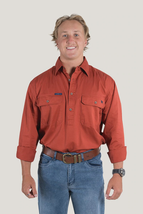 Ringers Western King River Mens Half Button Work Shirt Terracotta