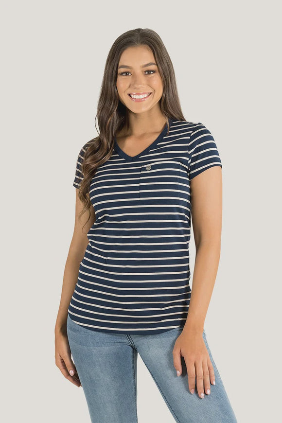 Ringers Western Kirra Wmns Relaxed Fit V Neck Tee Navy & Caramel Stripe