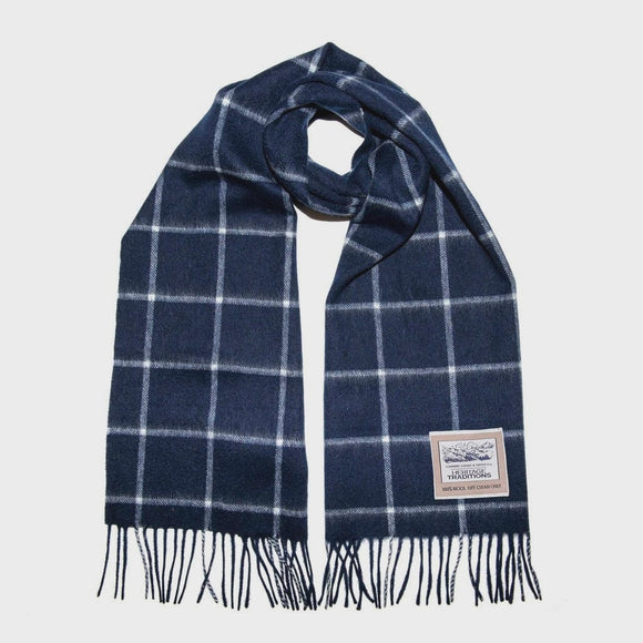 Heritage Traditions Pure Wool Tartan Check Scarf Navy & Cream