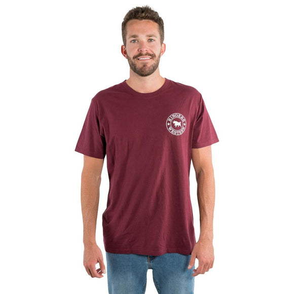 Ringers Western Signature Bull Mens Loose Fit Tee Burgundy w White