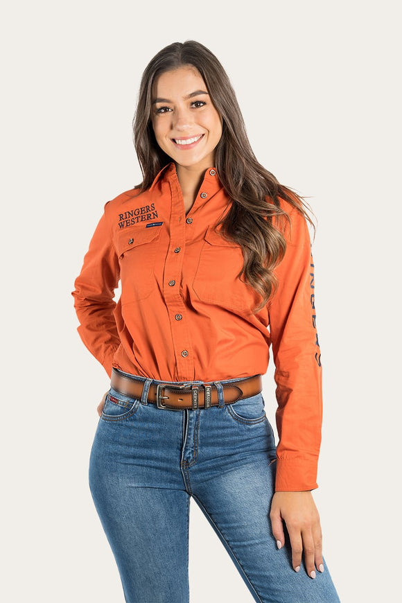 Ringers Western Signature Jillaroo Wmns Full Button Work Shirt Burnt Orange w Dark Navy