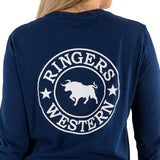 Ringers Western Signature Bull Wmns Long Sleeve Tee Navy w White