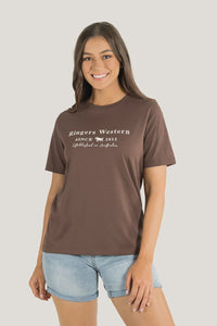 Ringers Western Urban Wmns Loose Fit Embroidered Tee Chocolate