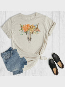 Western Floral Boho Cowskull Unisex Tee Oat