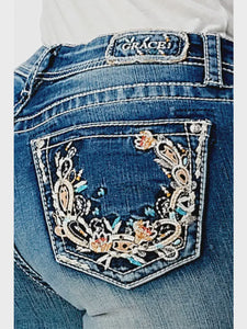 Grace In LA Floral Embellishment Easyfit Mid Rise Bootcut Wmns Jean 34 Leg